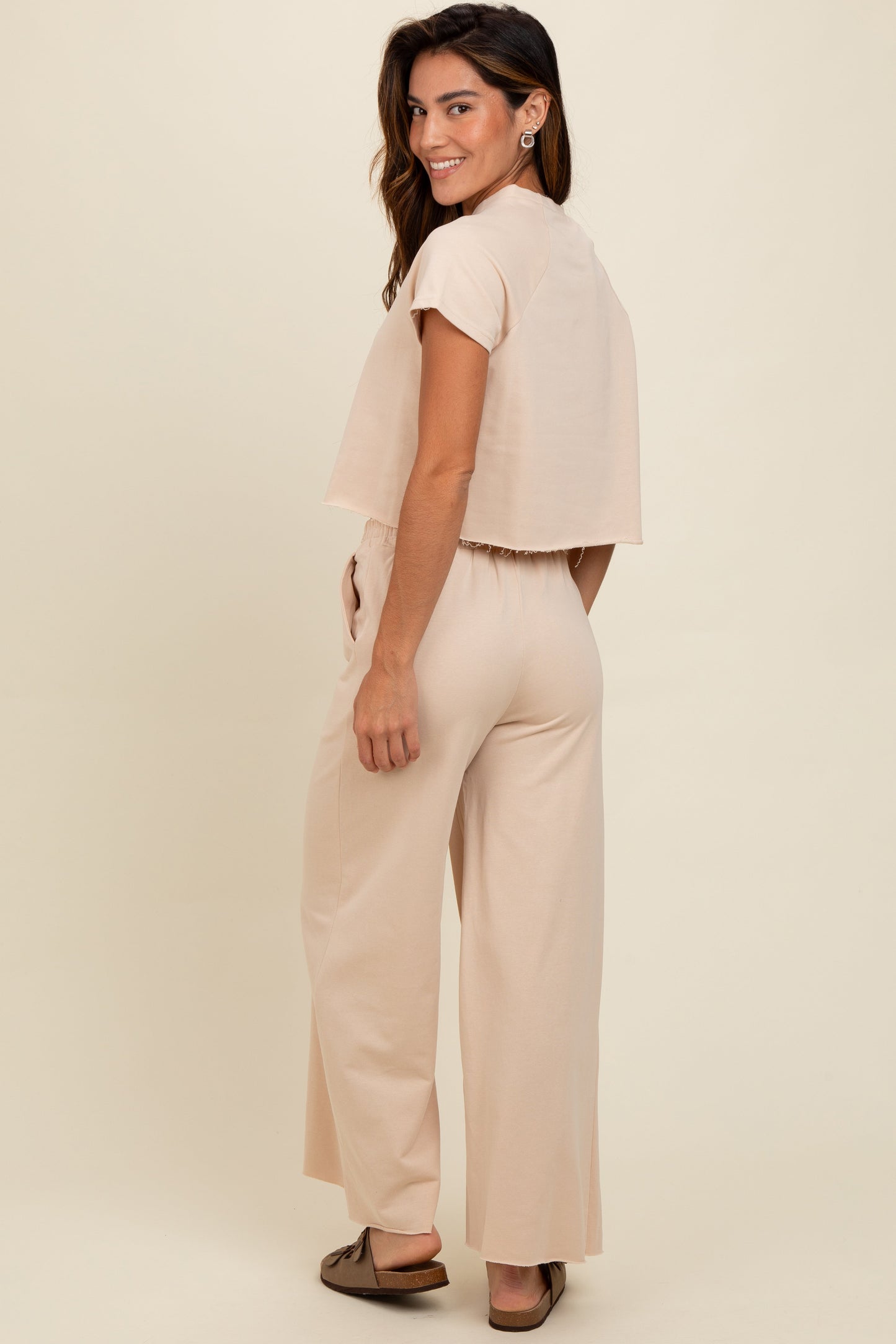 Beige Basic Tee And Wide Leg Pant Set