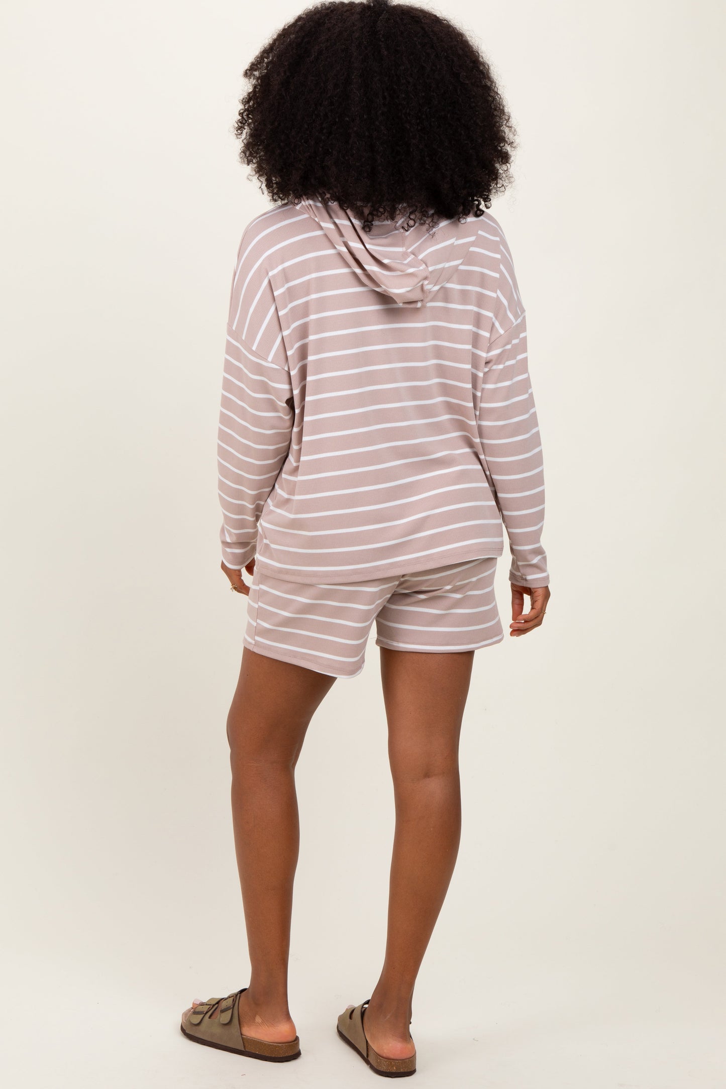 Beige Cozy Striped Ribbed Two-Piece Lounge Set