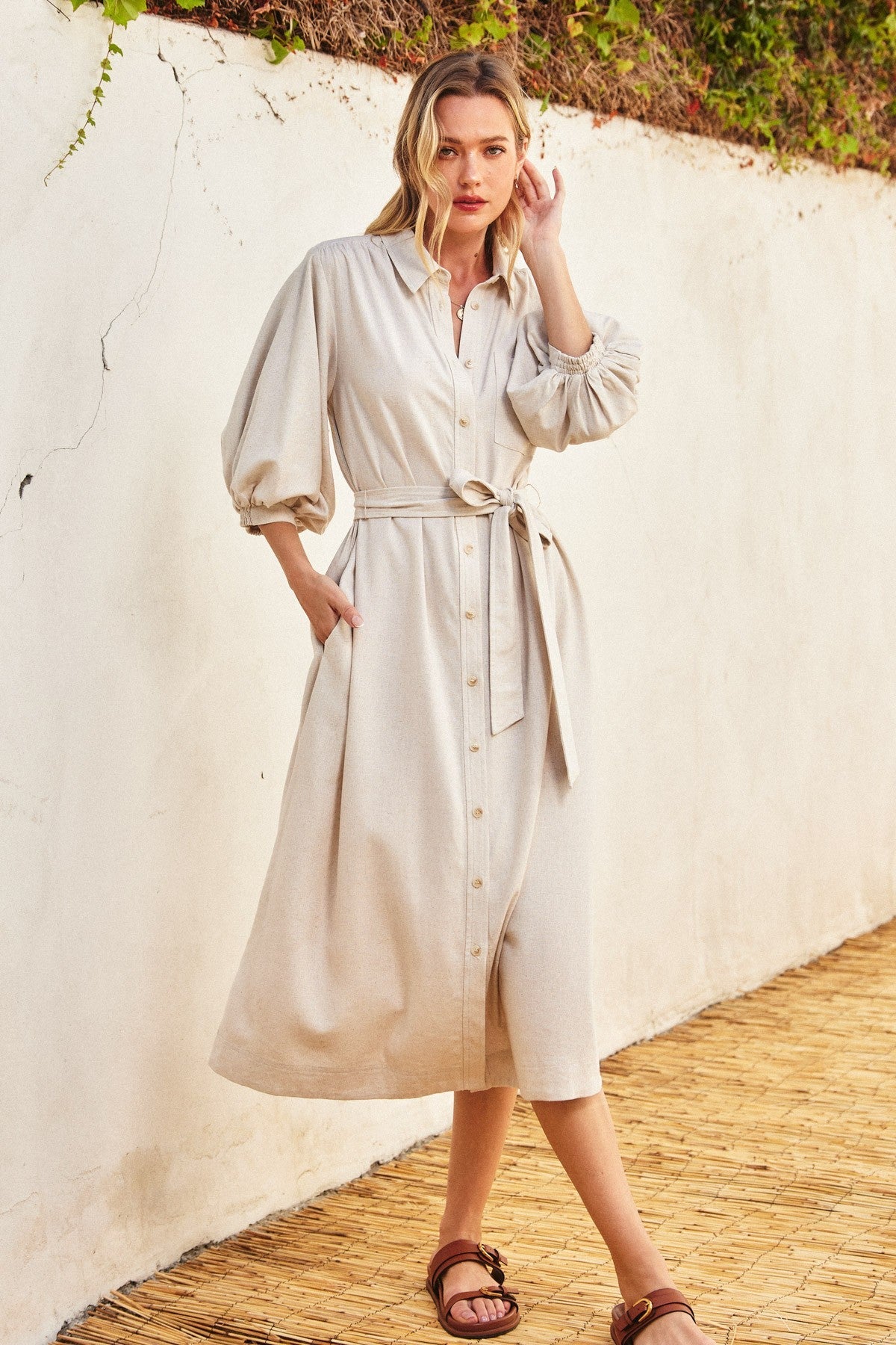 Beige 3/4 Bubble Sleeve Maternity Midi Shirt Dress