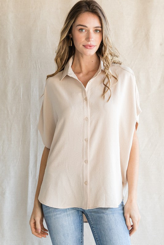 Beige Solid Collared Button-Up Top