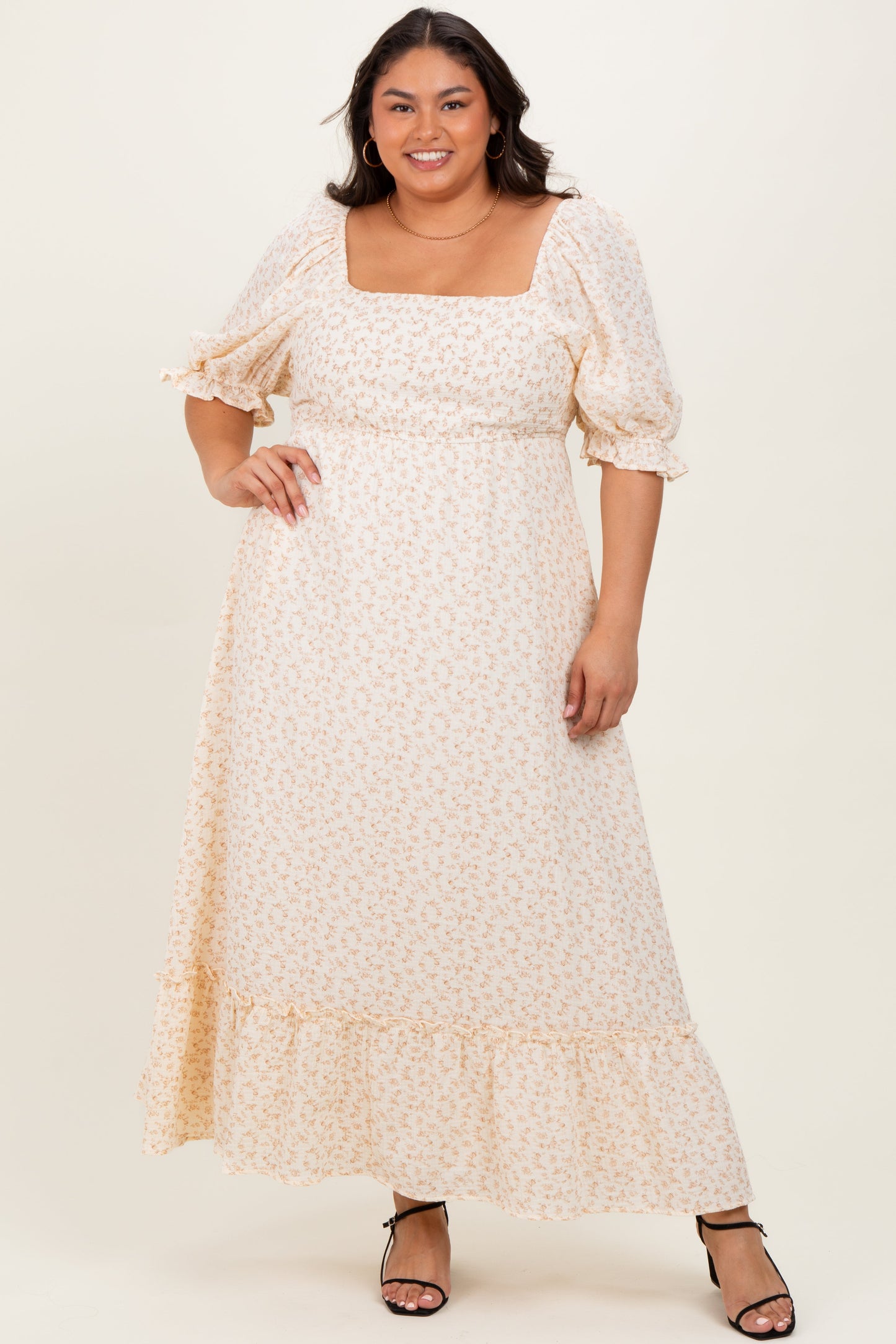 Beige Floral Print Square Neckline Plus Maternity Maxi Dress