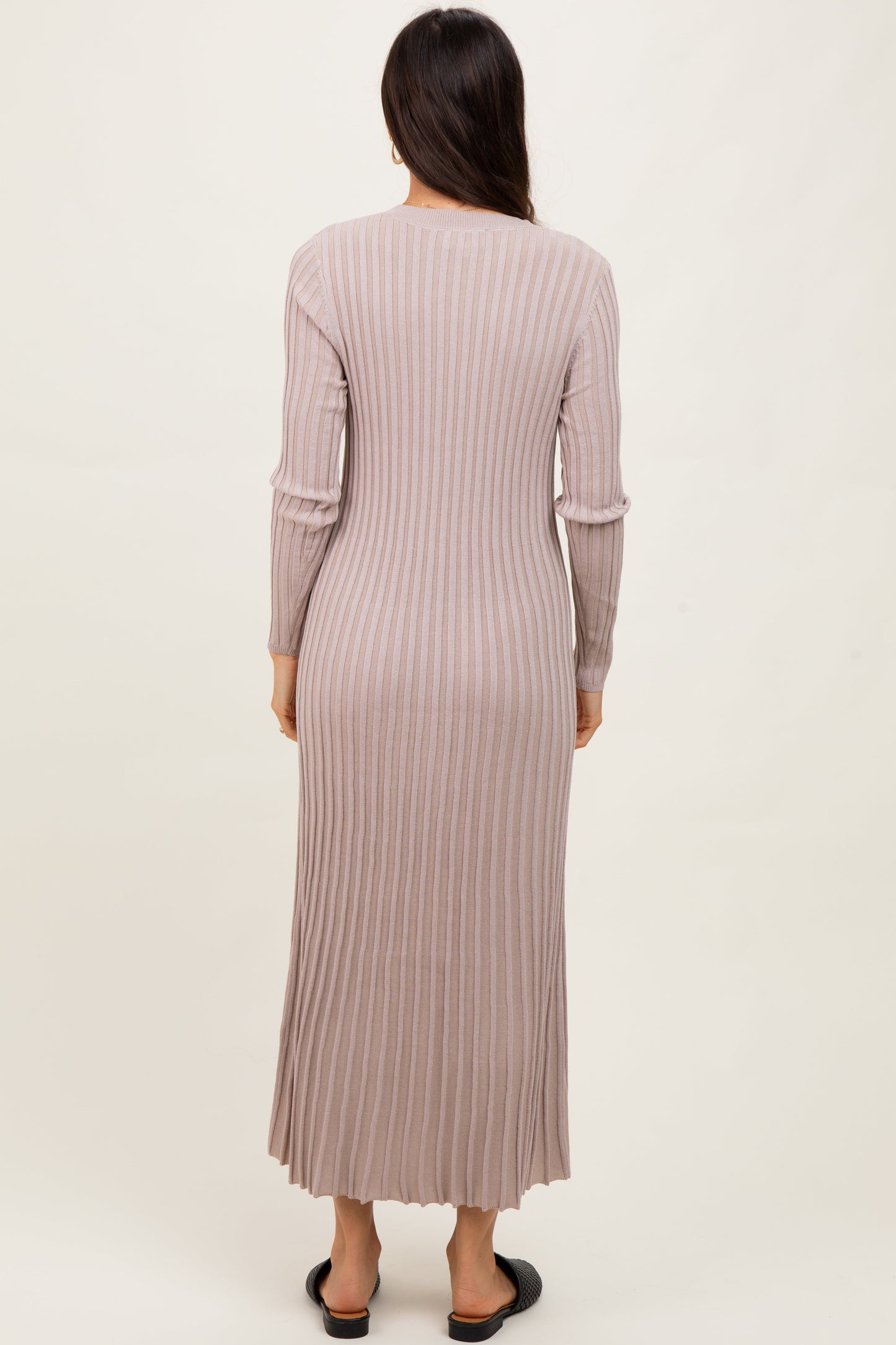 Beige Ribbed Long Sleeve Sweater Midi Dress
