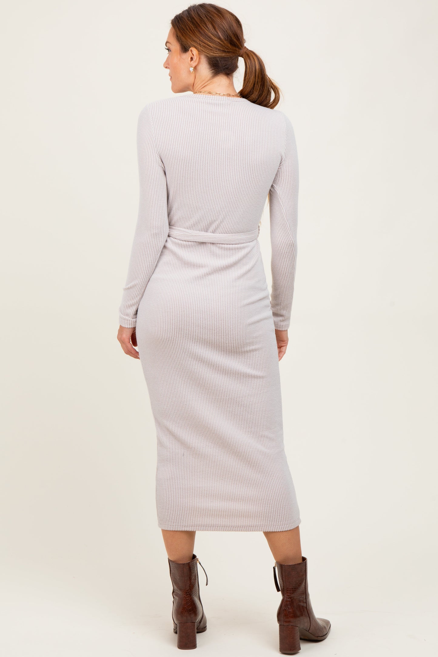 Beige Solid Brushed Rib Long Sleeve V-Neck Fitted Midi Dress