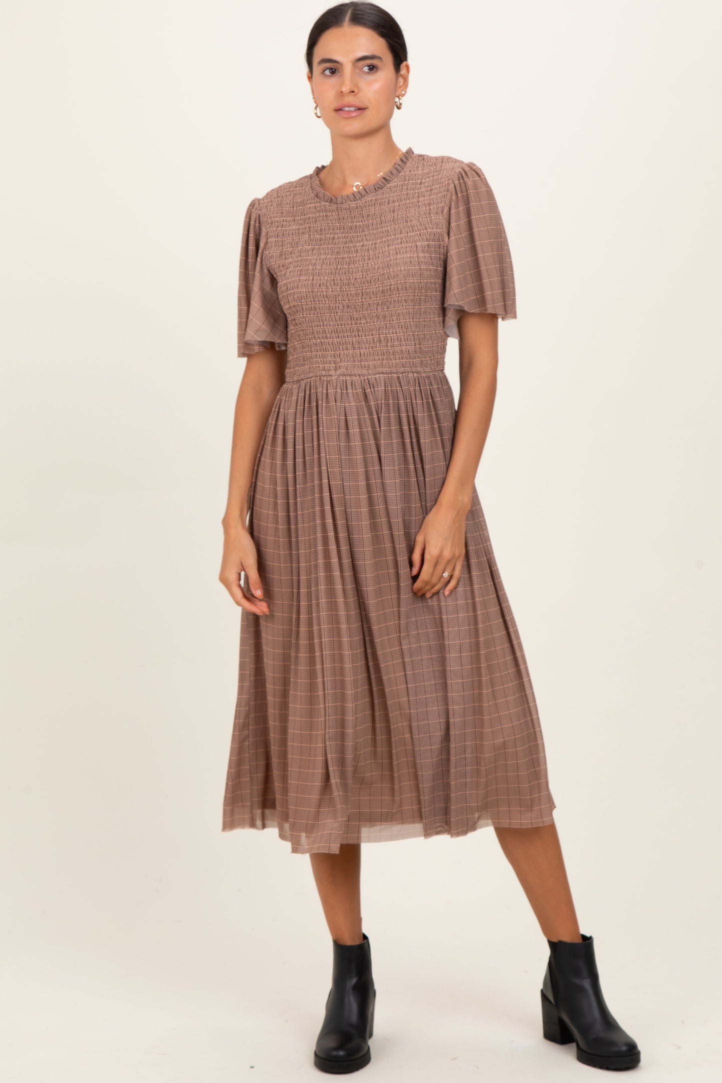Beige Plaid Smocked Mesh Maternity Midi Dress