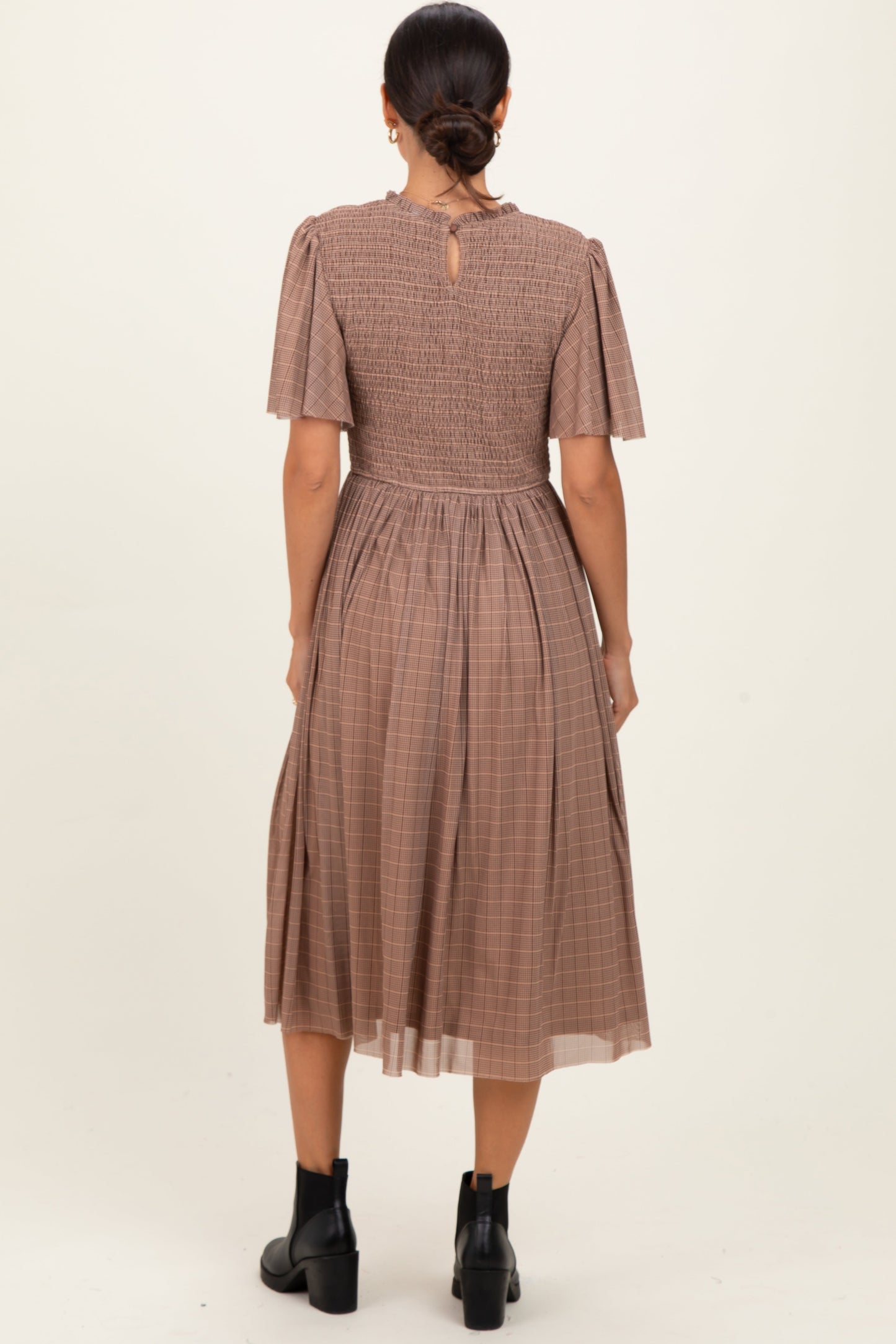 Beige Plaid Smocked Mesh Midi Dress