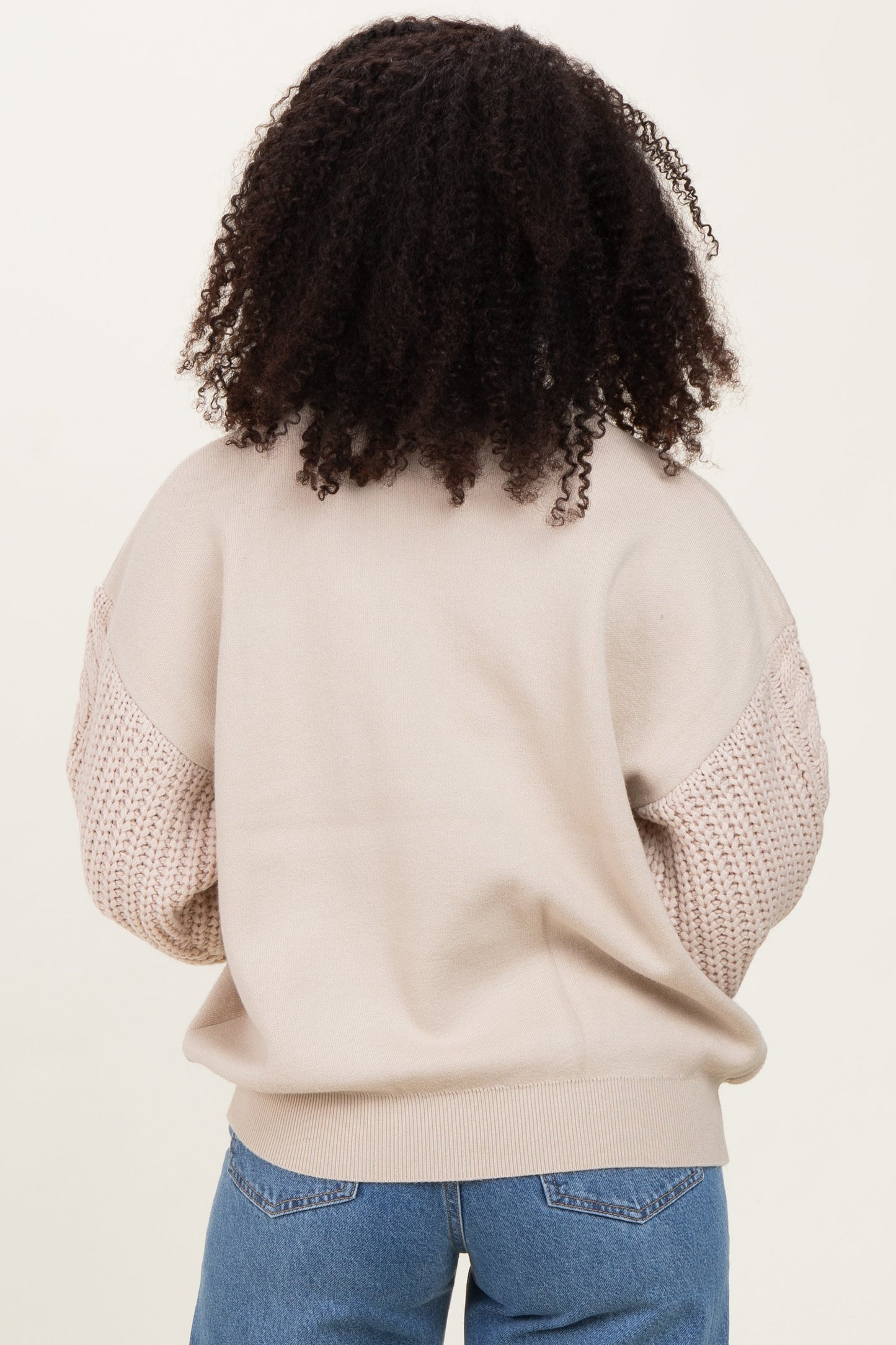 Beige Cable Knit Sleeve Round Neck Sweater