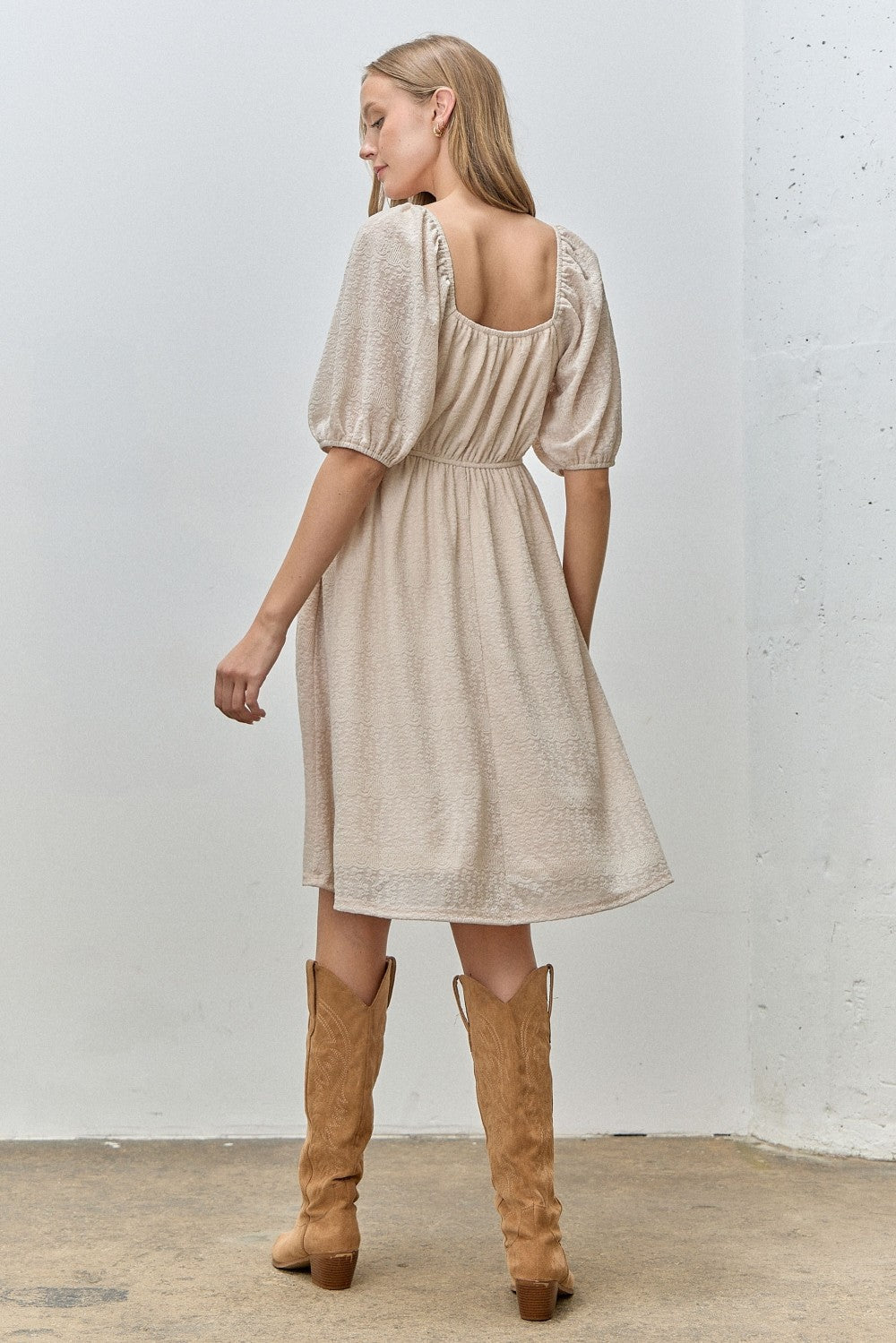 Beige Lace Jacquard Puff Sleeve Dress