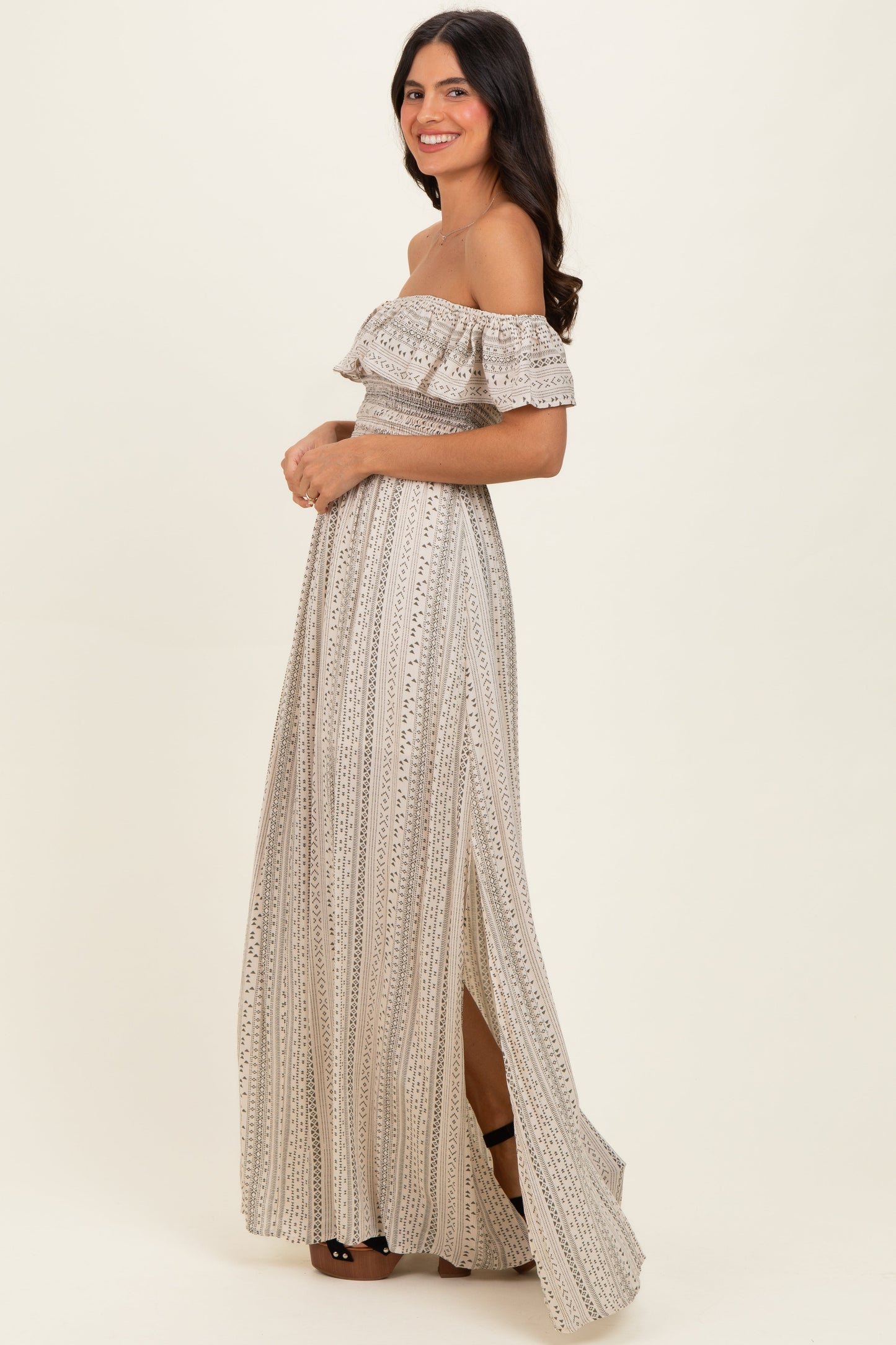 Beige Ruffle Off Shoulder Maternity Maxi Dress