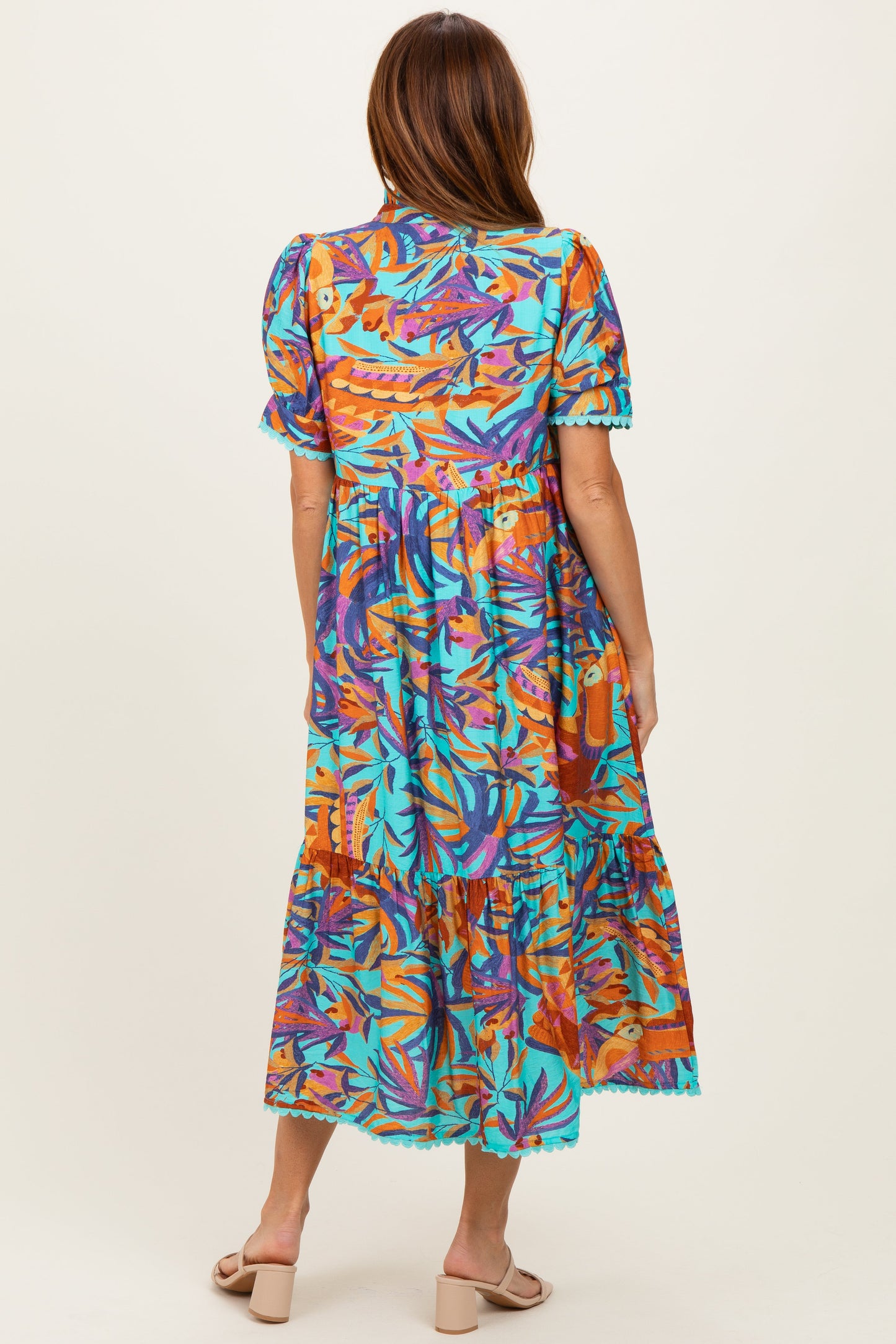 Aqua Mix Leaf Print Pocketed Midi Dress