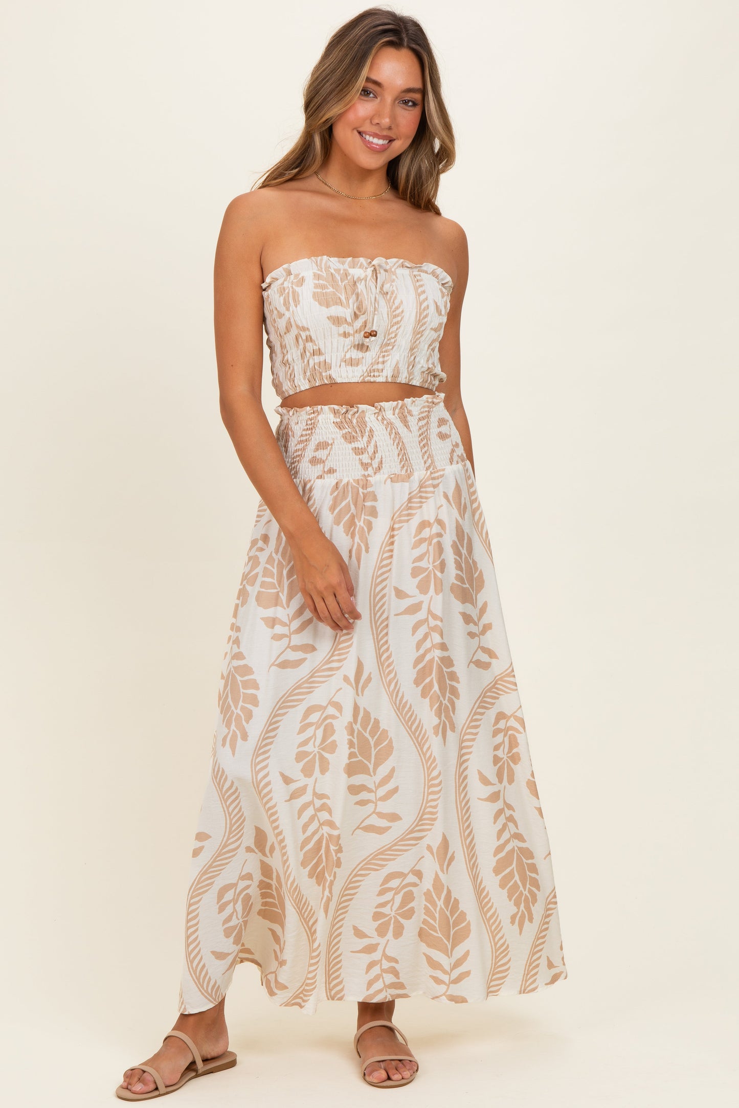 Beige Leaf Print Smocked Crop Top Maxi Skirt Maternity Set