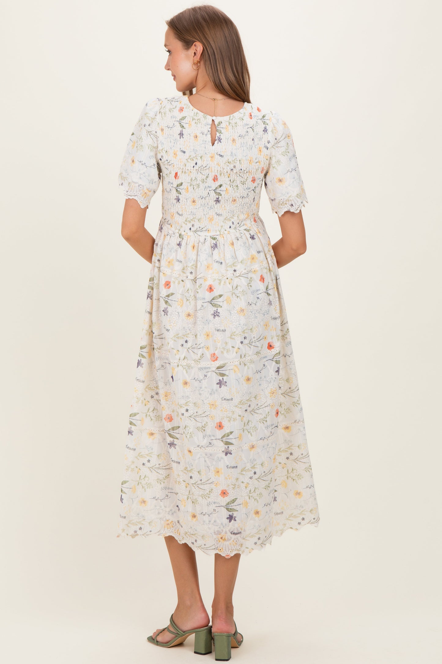 Beige Floral Button Down Collared Maternity Midi Dress