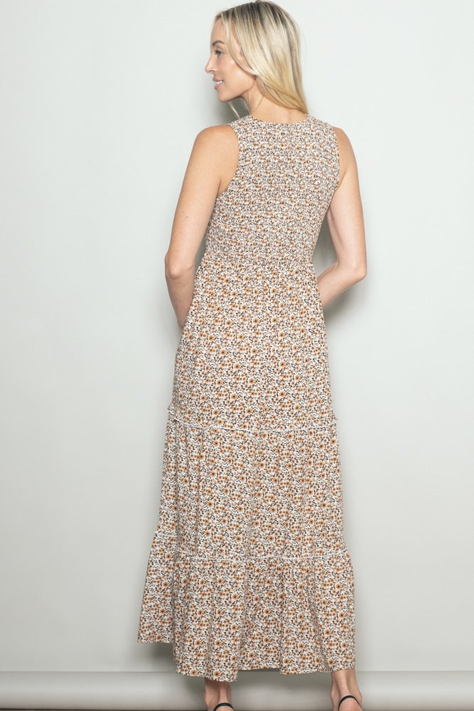 Beige Floral Smocked Sleeveless Tiered Maxi Dress