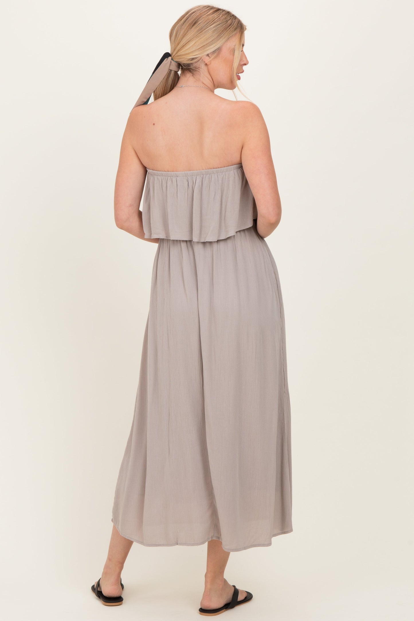 Ash Mocha Woven Crinkle Flounce Strapless Maxi Dress