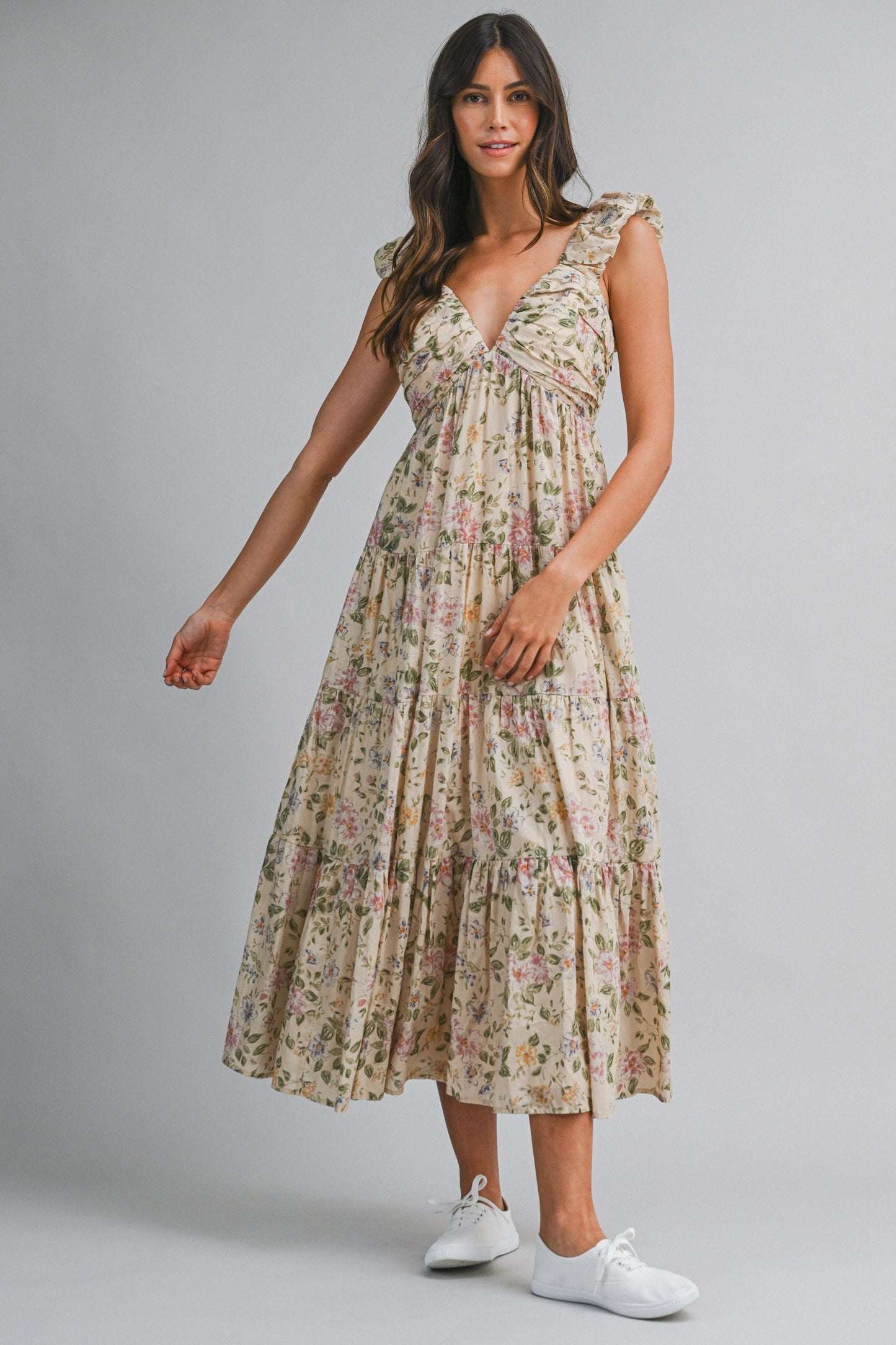 Beige Floral V-Neck Tiered Midi Dress