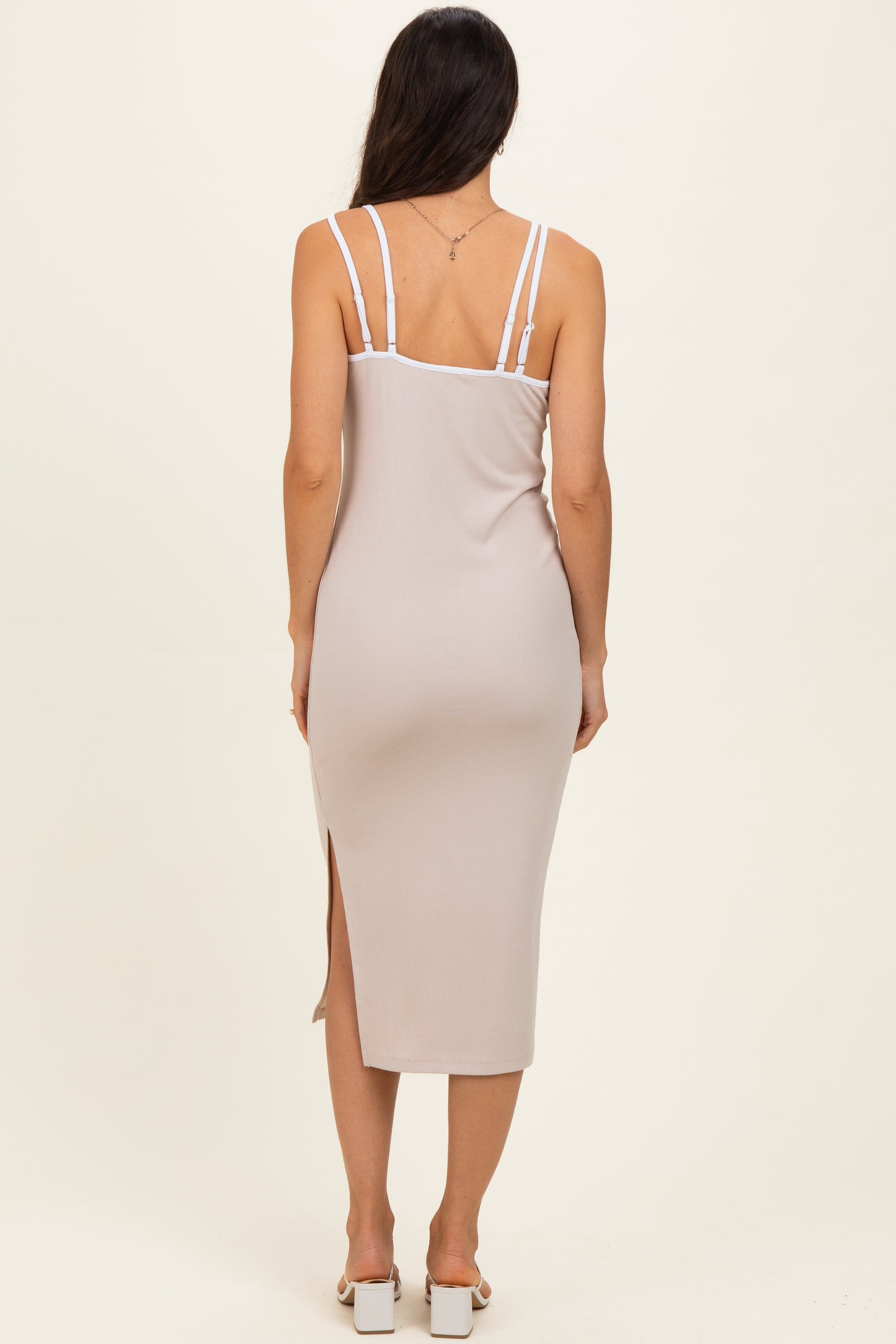 Beige Contrast Double Strap Midi Dress
