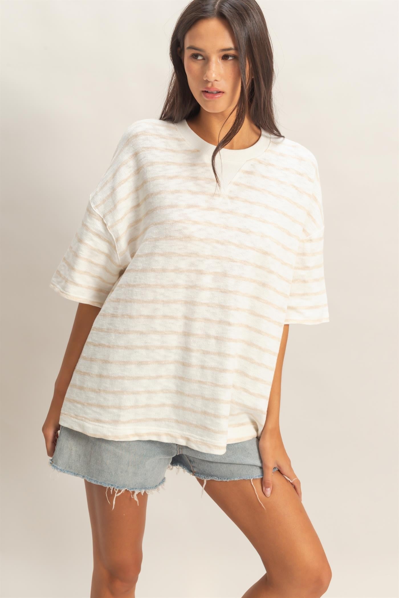 Beige Oversized Striped Maternity Short Sleeve Top