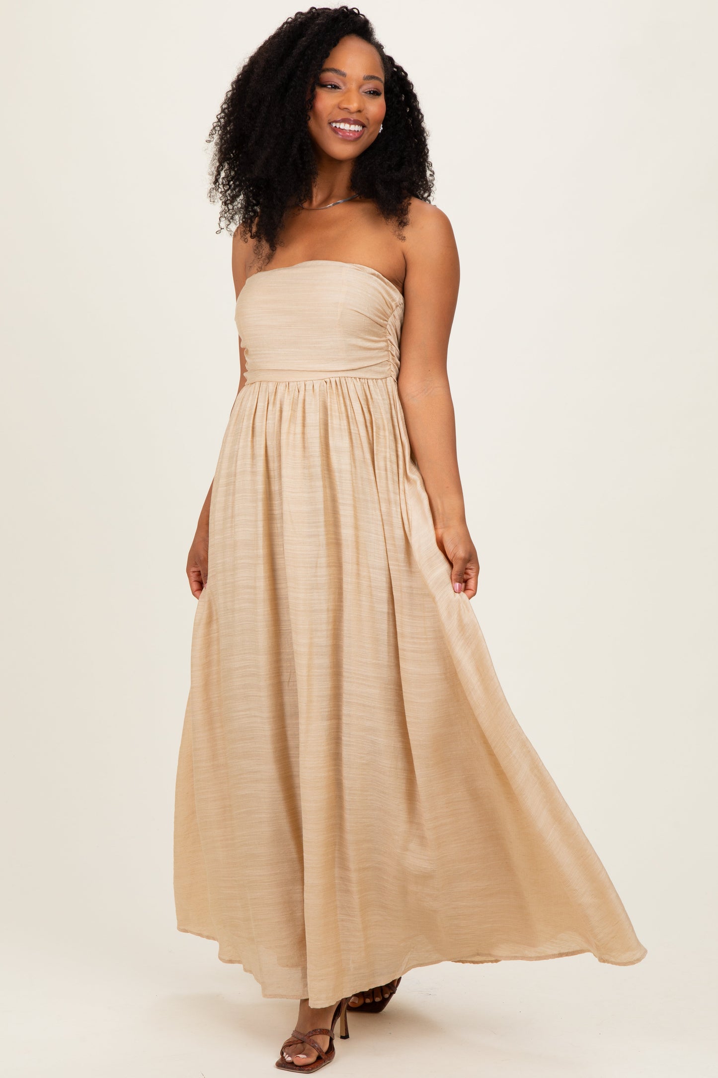 Beige Strapless Tie Back Maternity Maxi Dress