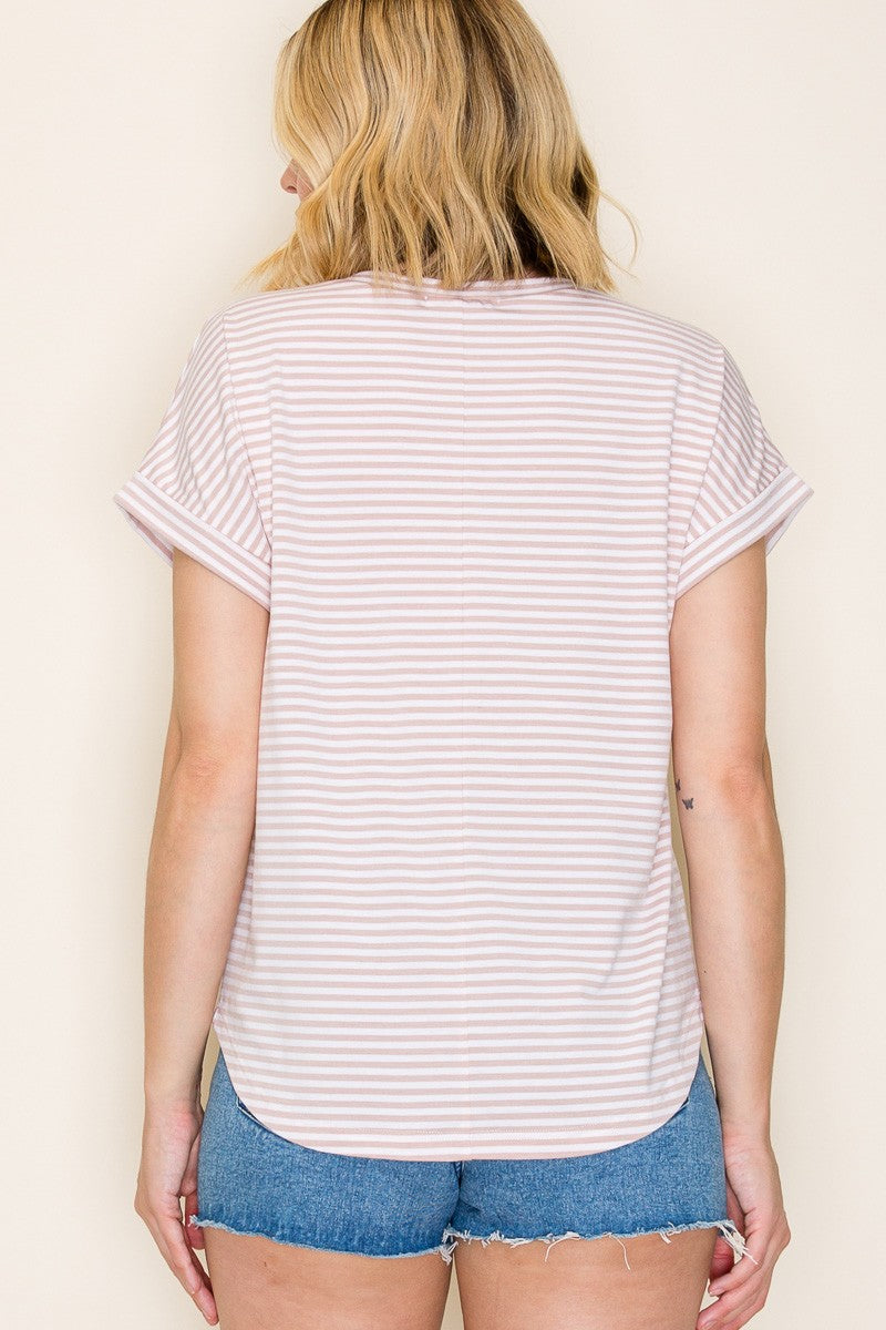 Beige Striped Short Sleeve Top