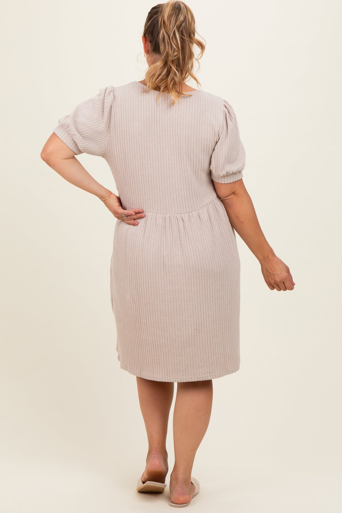 Beige Ribbed Knit Maternity Plus Midi Dress