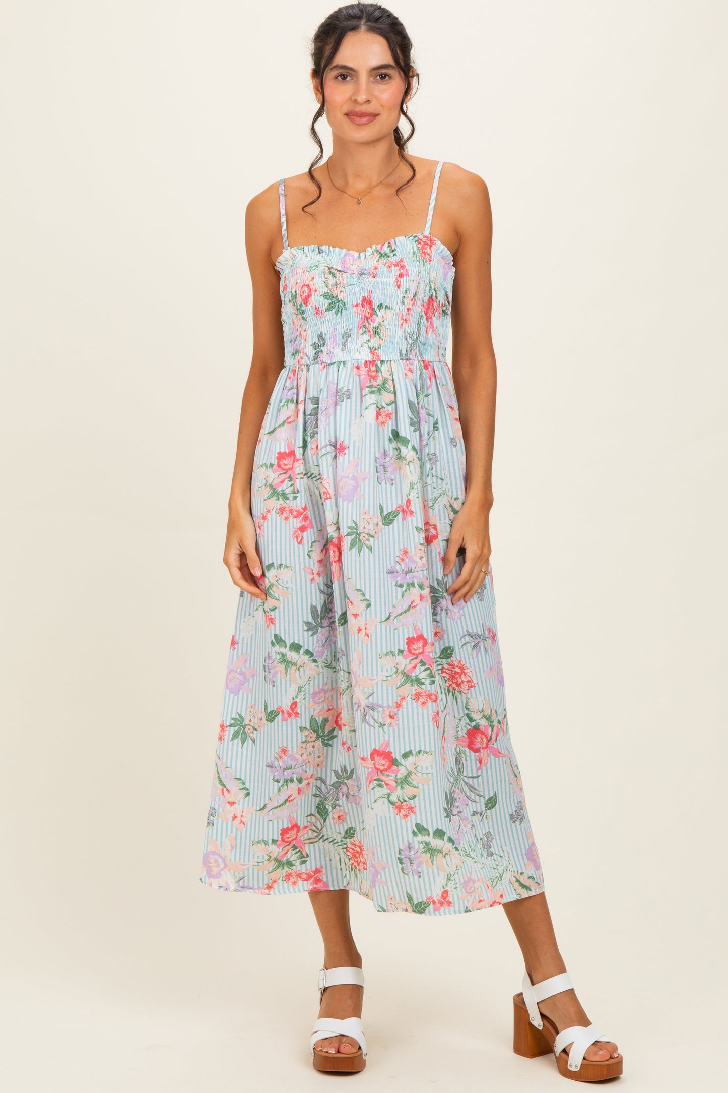 Aqua Multi Floral Print Smocked Chest Maternity Maxi Dress