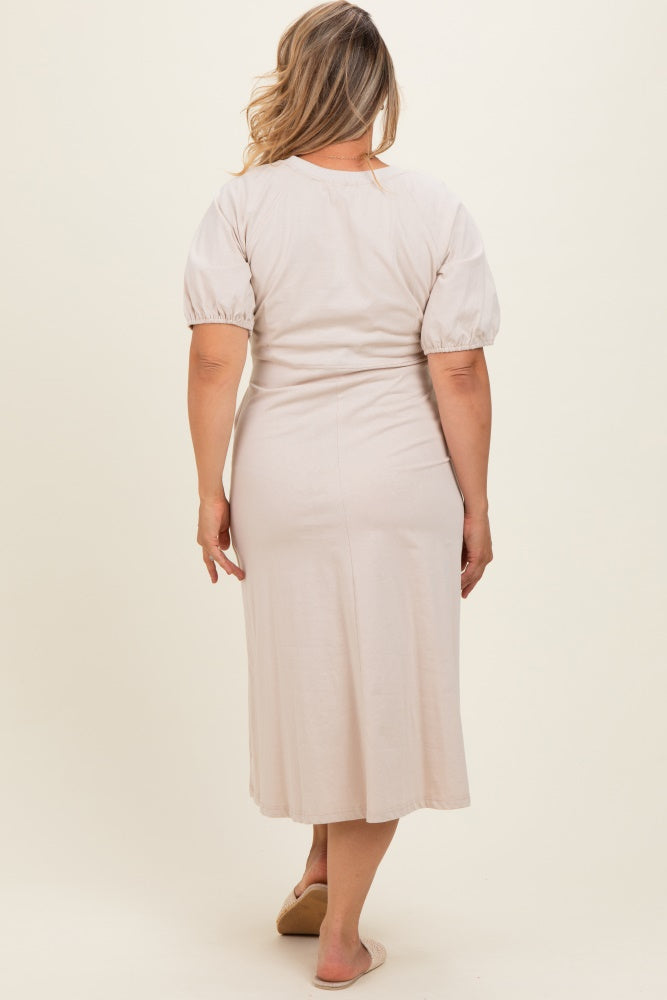 Beige Puff Sleeve Maternity Plus Midi Dress