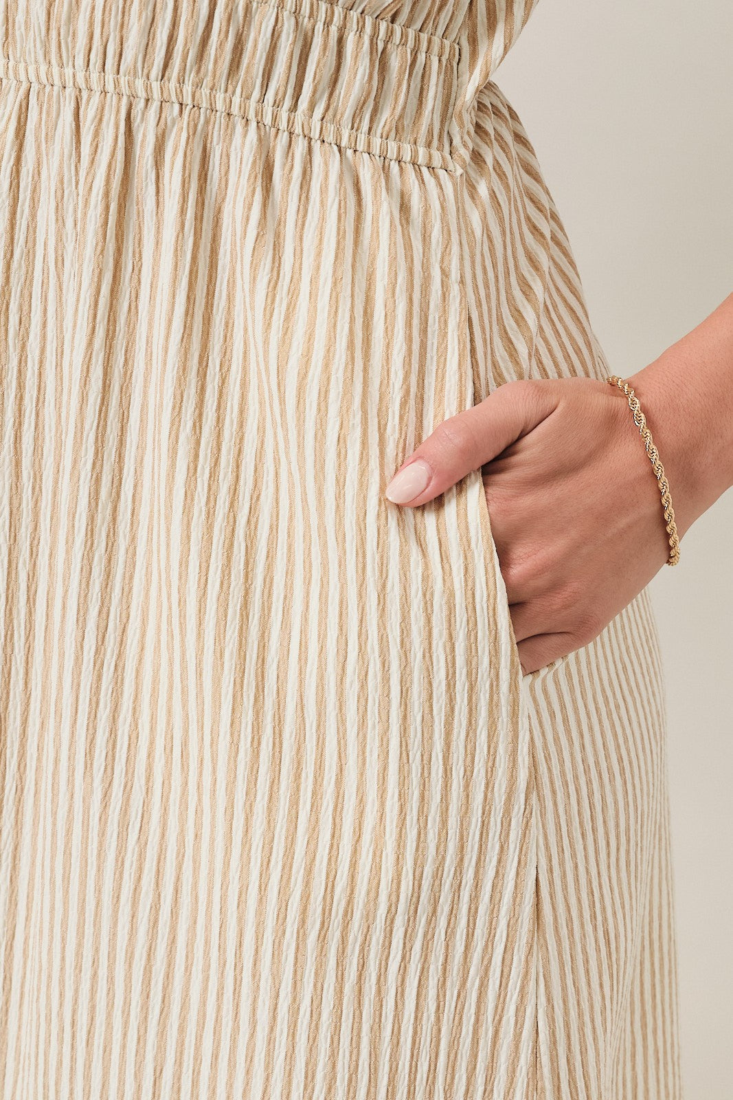 Beige Striped Sleeveless Cutout Maxi Dress