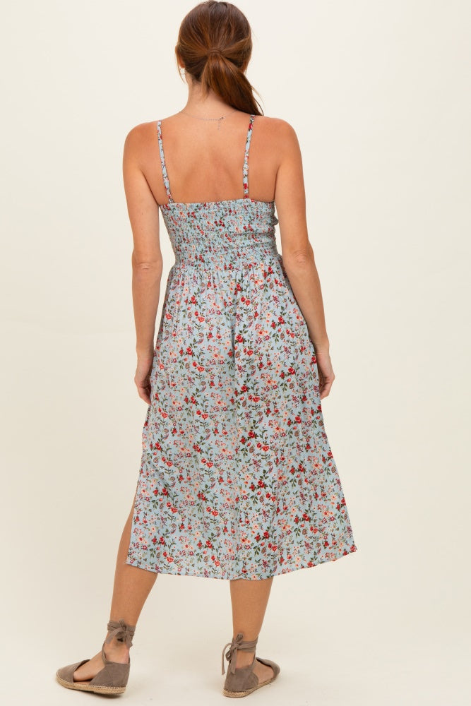 Aqua Floral Twisted Front Cutout Midi Dress