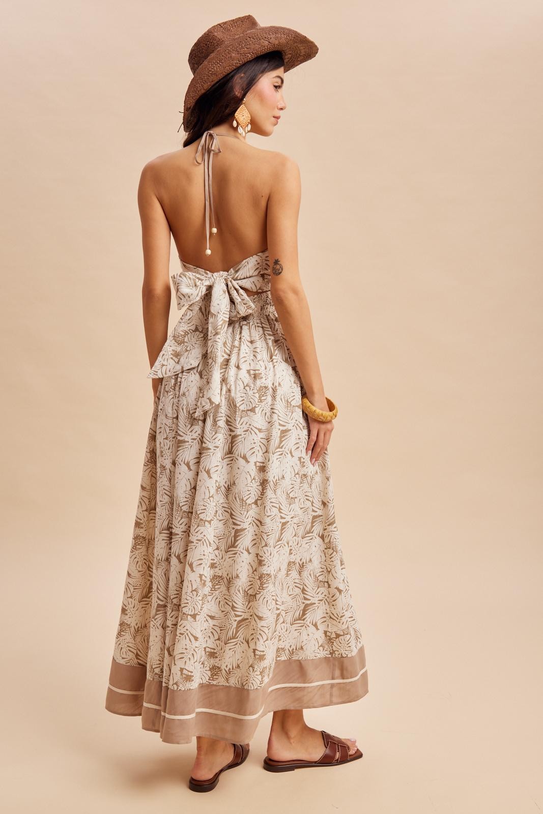 Beige Printed Cutout Tie Back Maxi Dress