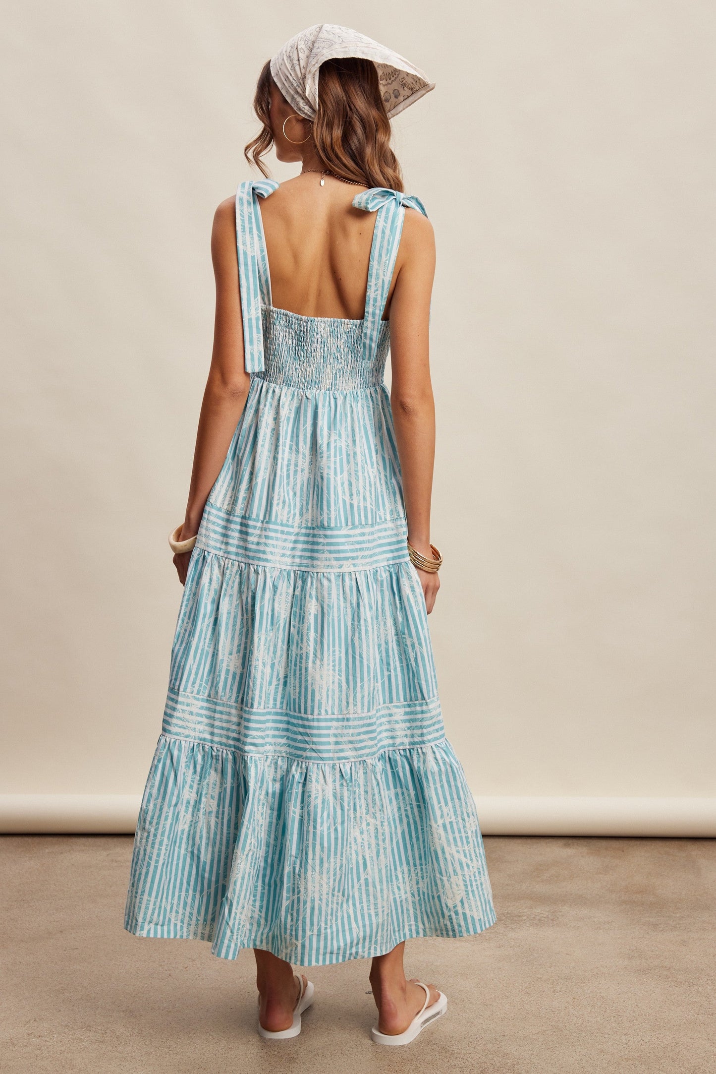Aqua Striped Shoulder Tie Tiered Maxi Dress