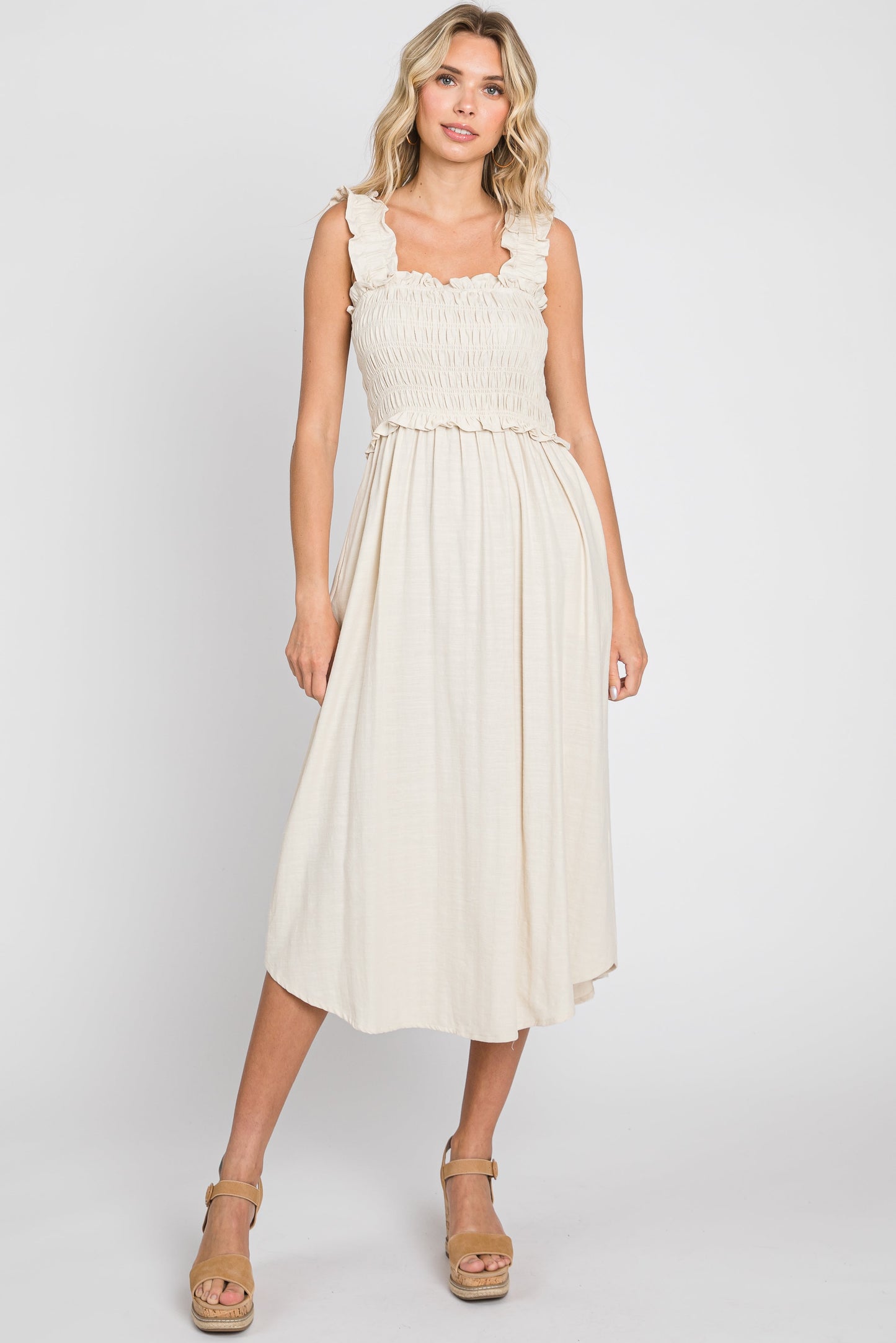 Beige Square Neck Smocked Sleeveless Maternity Midi Dress