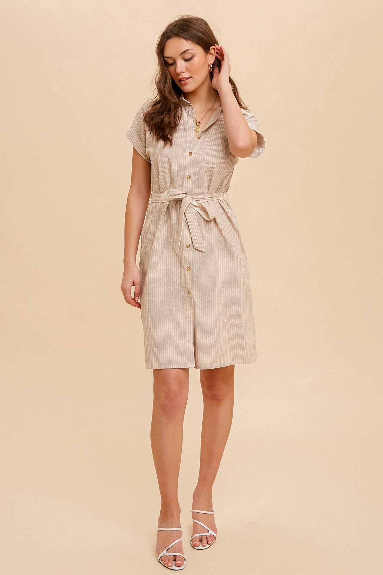 Beige Pin Stripe Belted Shirt Dress
