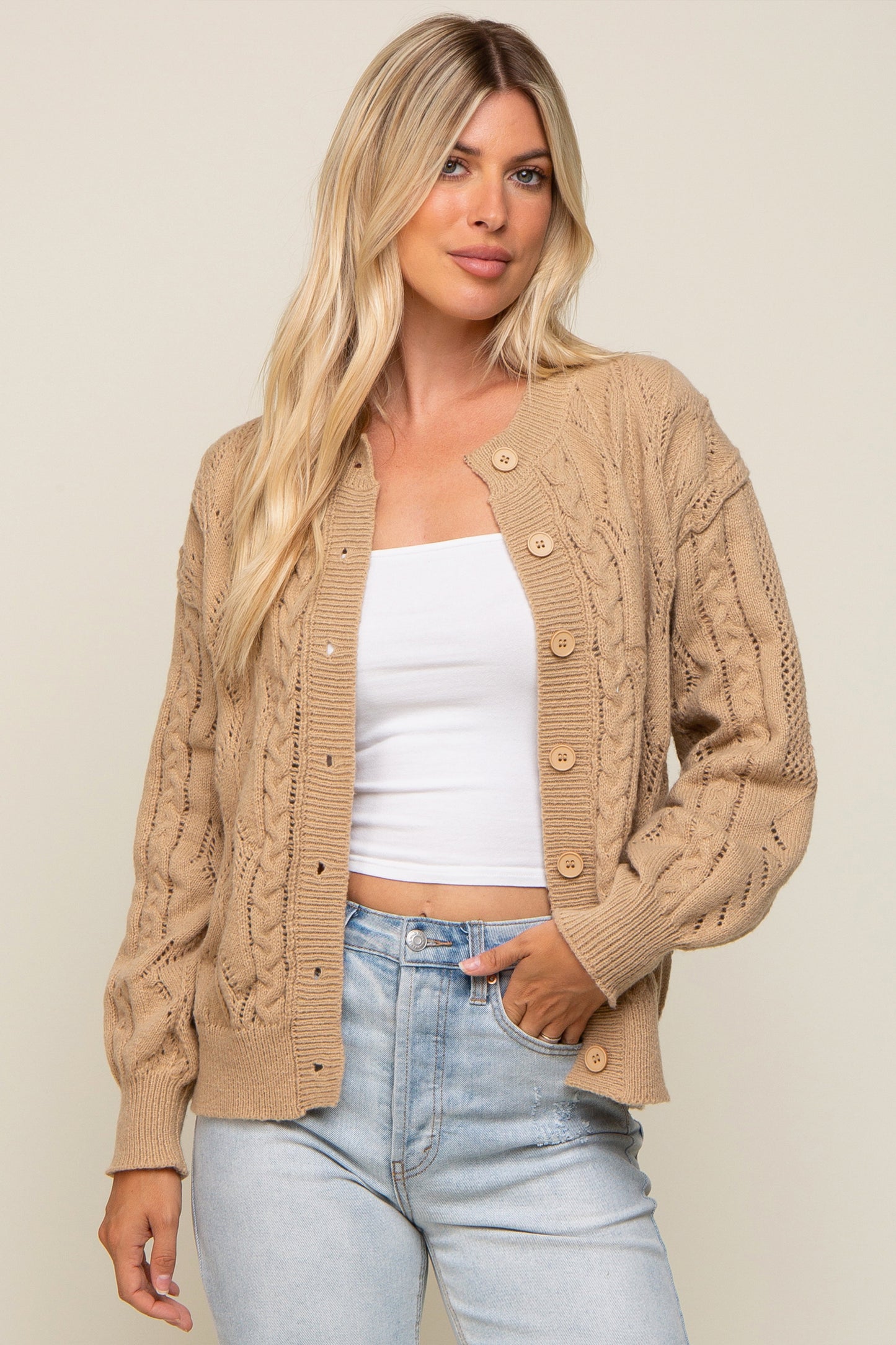Beige Mixed Knit Maternity Cardigan