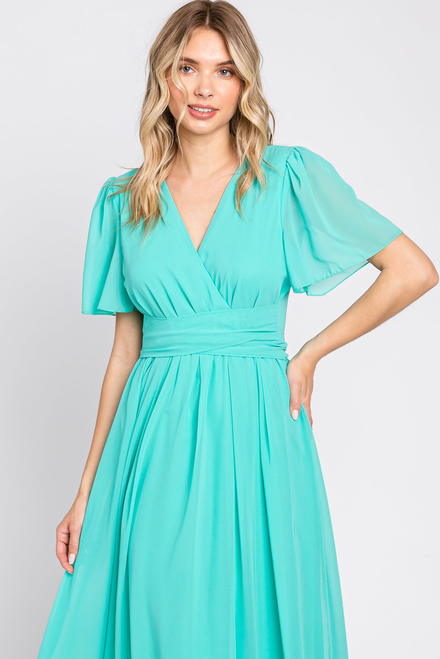 Aqua Chiffon Wrap Front Short Sleeve Maxi Dress