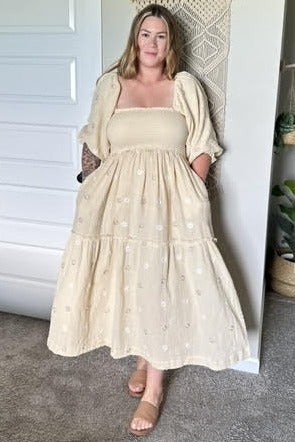 Beige Gauze Embroidery Smocking Tiered Gradient Dress