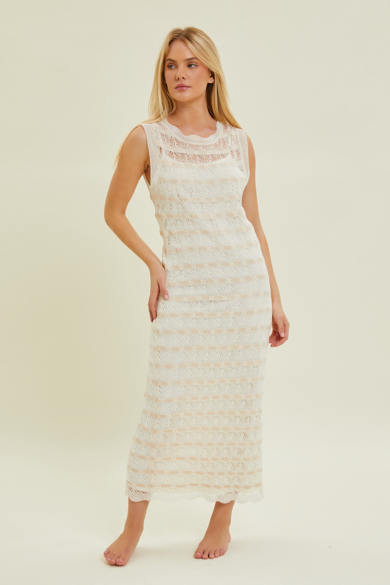 Beige Crochet Knit Sleeveless Maternity Midi Dress