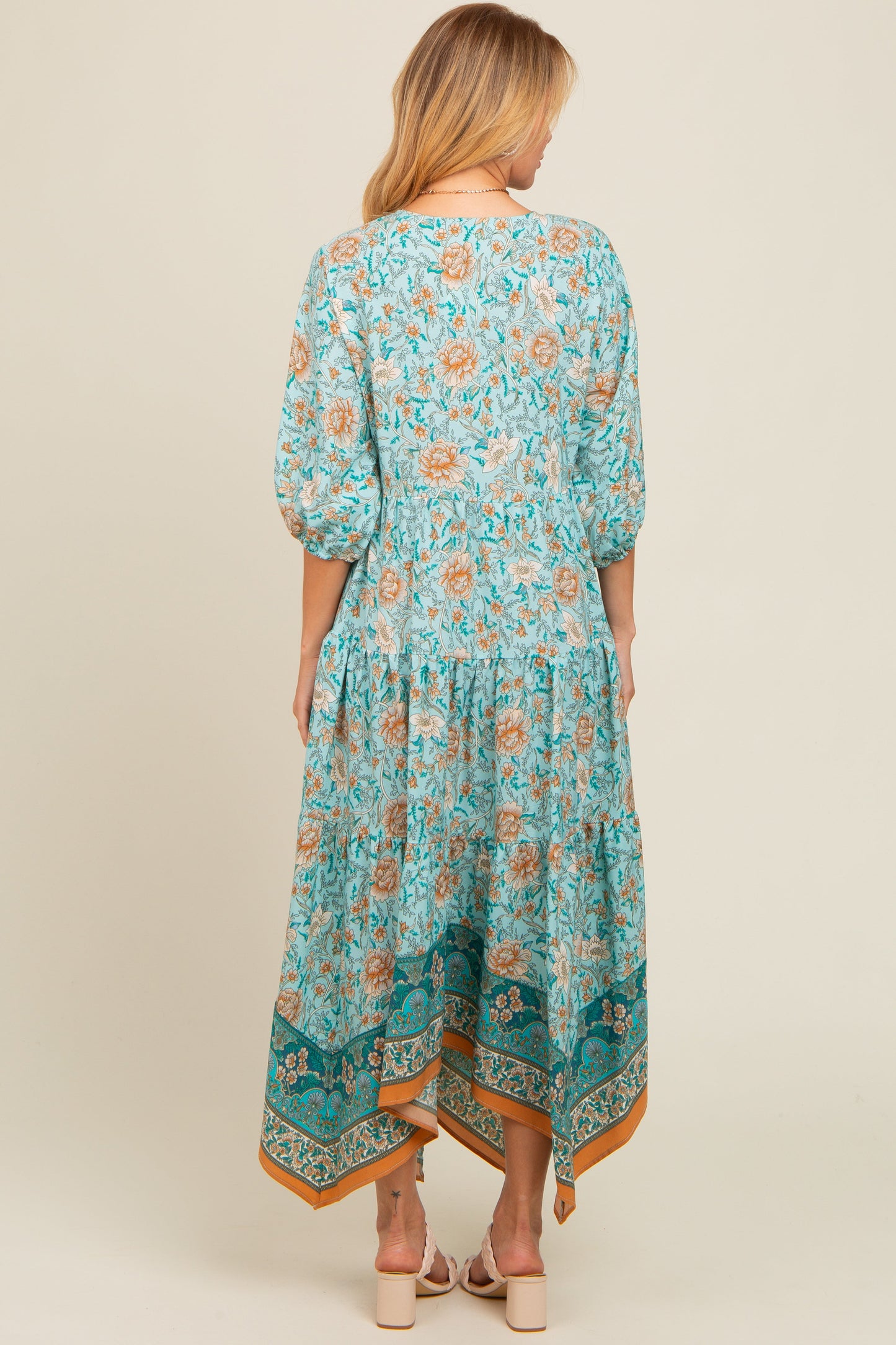 Aqua Floral Border Print V-Neck Tiered Midi Dress