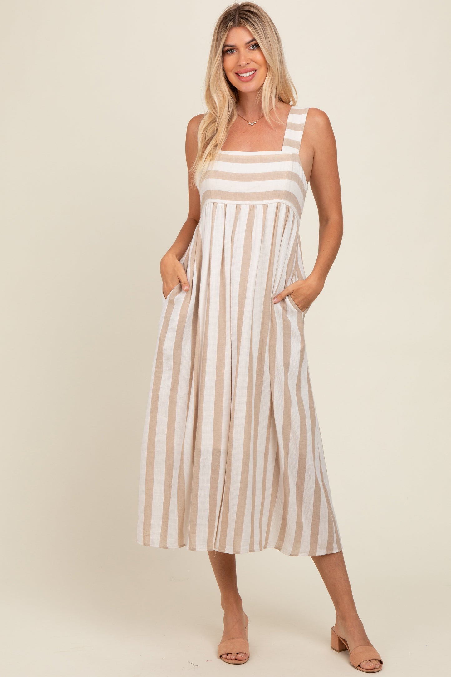 Beige Striped Wide Strap Maternity Midi Dress