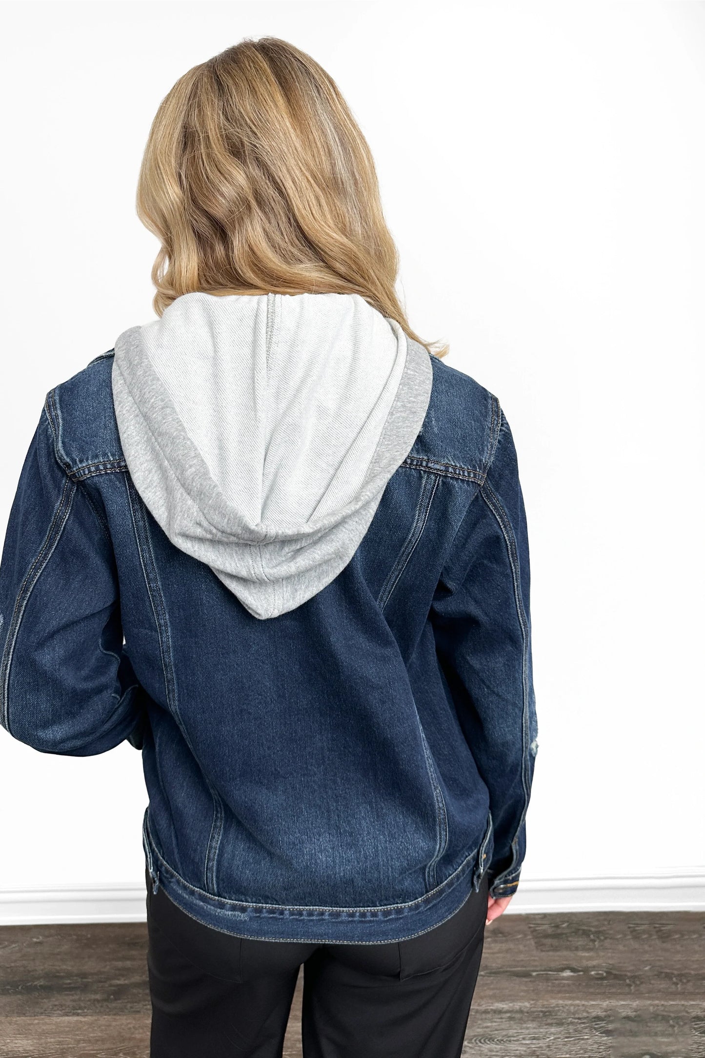 The Blaise Dark Wash Removable Hood Distressed Denim Jacket