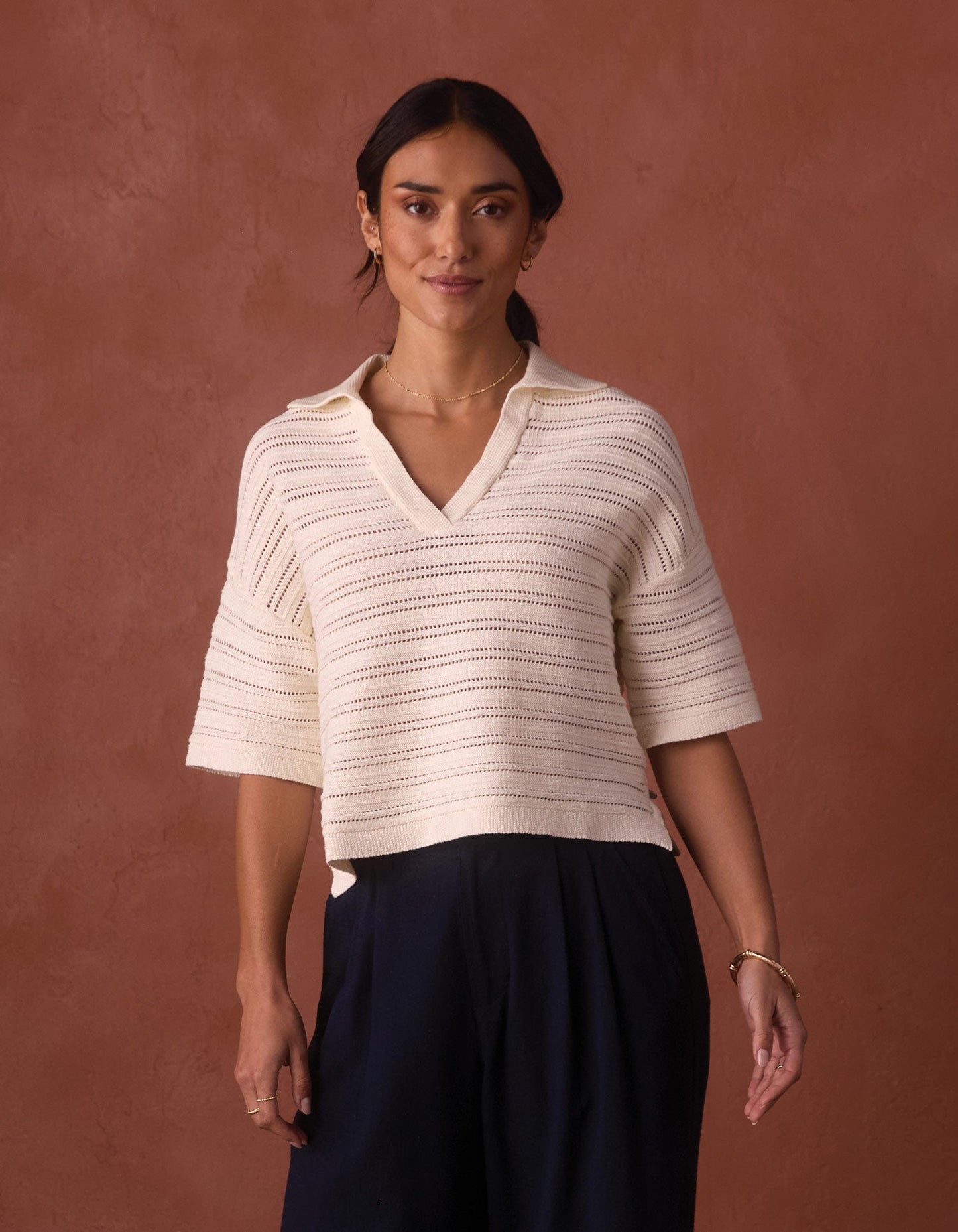 Emma Openwork Short Sleeve Polo in Cream