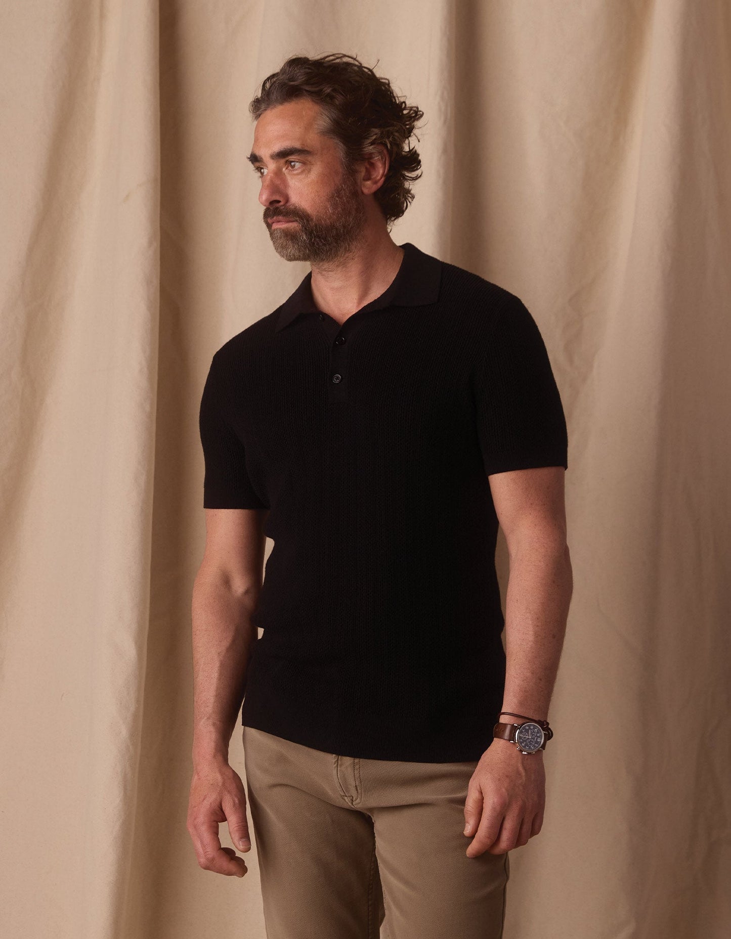 Robles Textured Knit Polo in Black