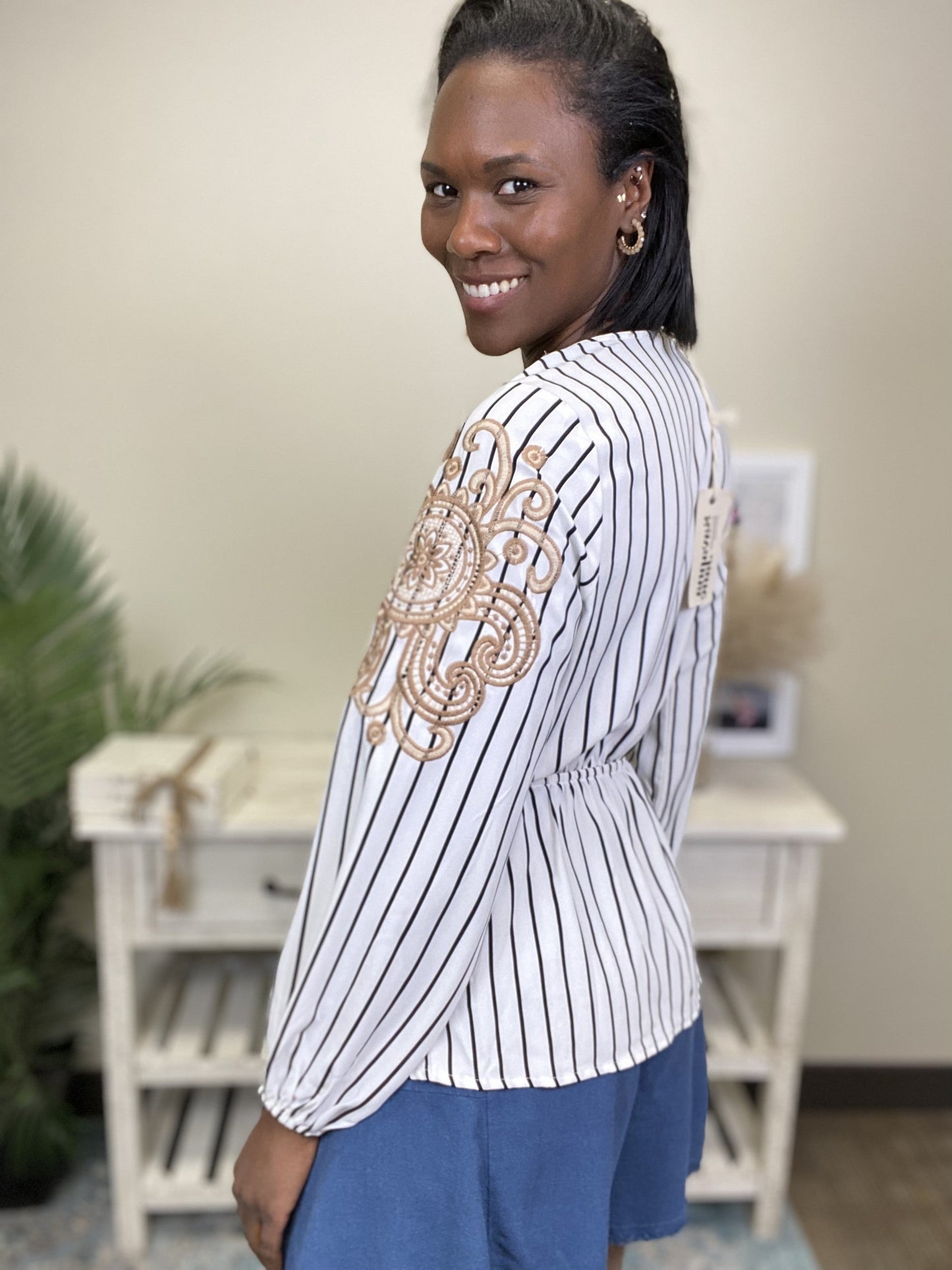 Out With Friends Women's Embroidered Striped Long Sleeve Top