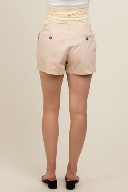 Beige Pleated Maternity Shorts