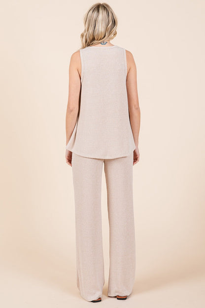 Beige Rib Knit Tank and Pant Set