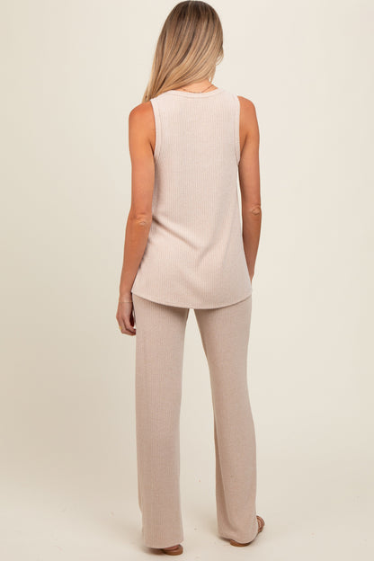 Beige Rib Knit Tank and Pant Maternity Set