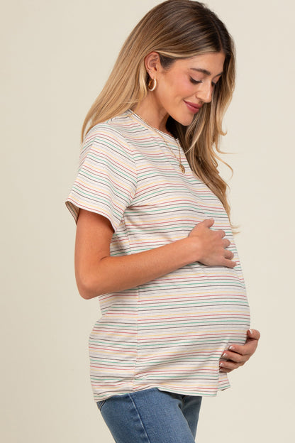 Beige Short Sleeve Multi Striped Maternity Top