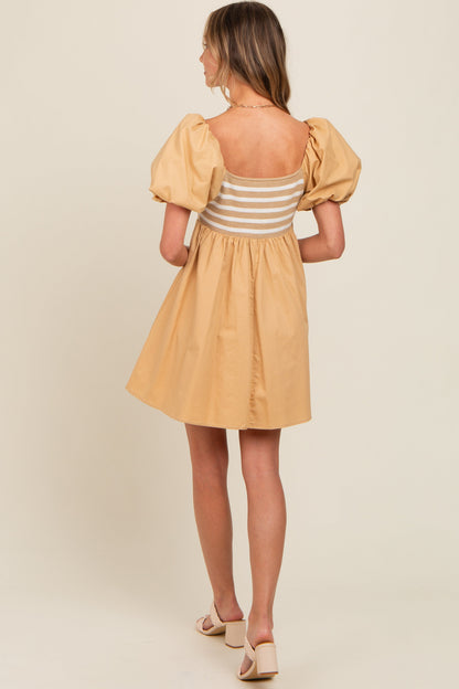 Beige Knit Contrast Poplin Dress