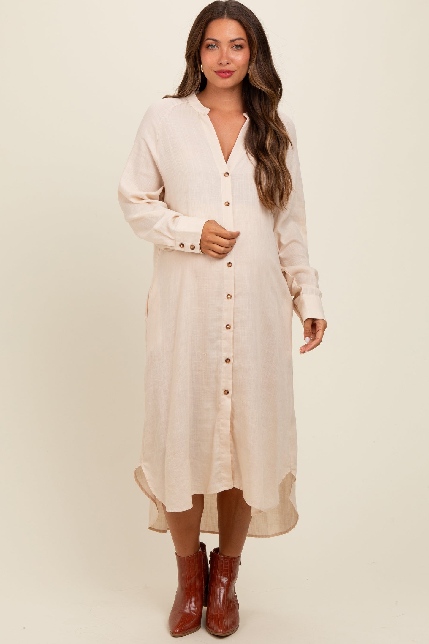 Beige Button Down Maternity Midi Dress