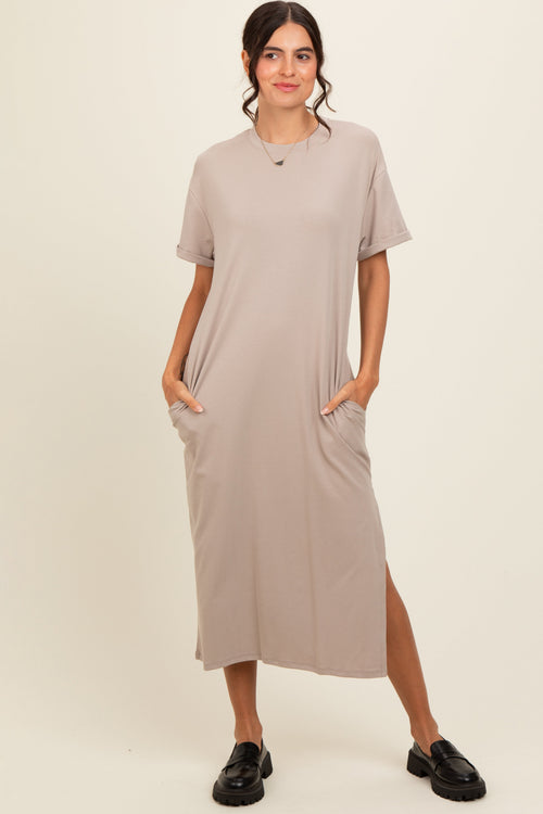 Beige Basic Side Slit Midi Dress