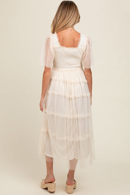 Beige Ruffled Mesh Maternity Maxi Dress