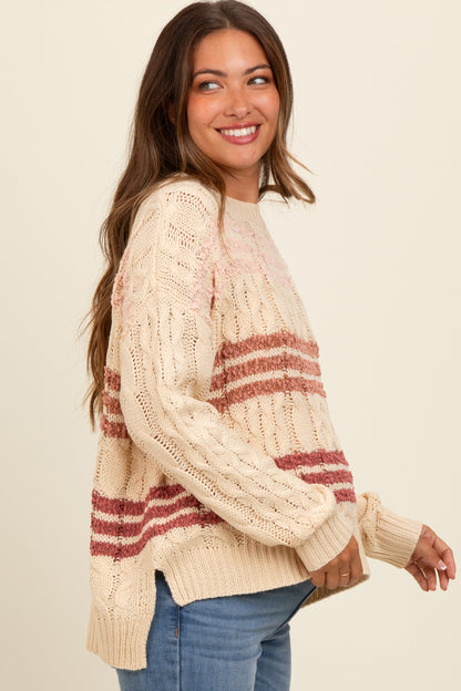 Beige Mixed Cable Knit Striped Maternity Sweater